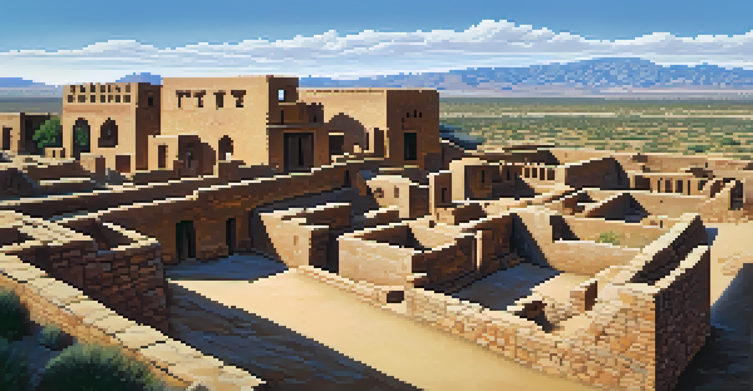 Artistic representation of the Pueblo Grande Ruins with adobe structures and desert landscape.