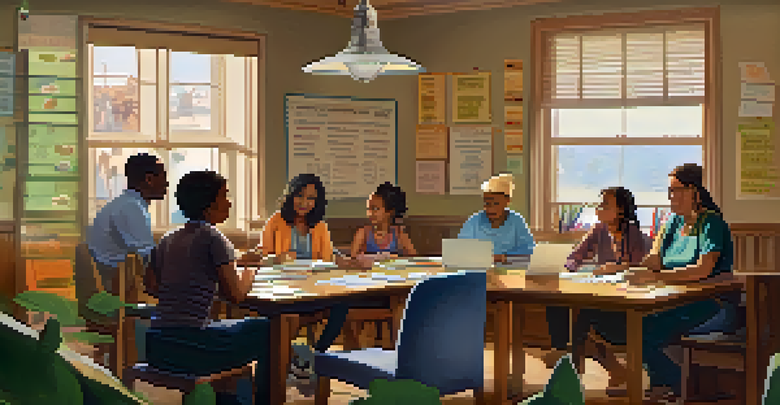 Parents gathered in a cozy room discussing educational resources, with charts and laptops on the table.