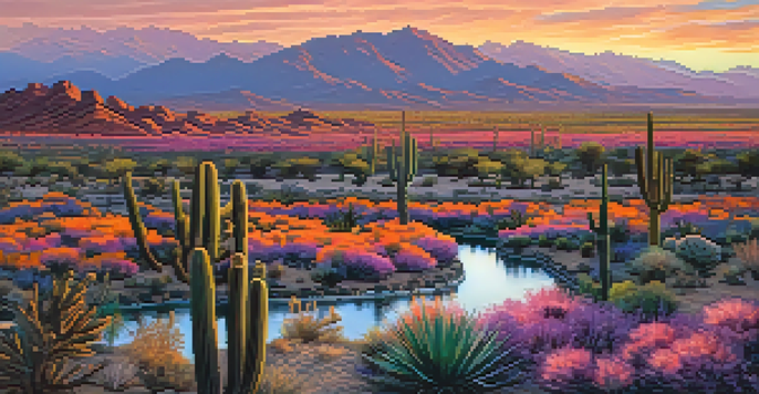 A picturesque view of the Phoenix Valley at sunset, featuring ancient irrigation canals and blooming desert plants against a colorful sky.