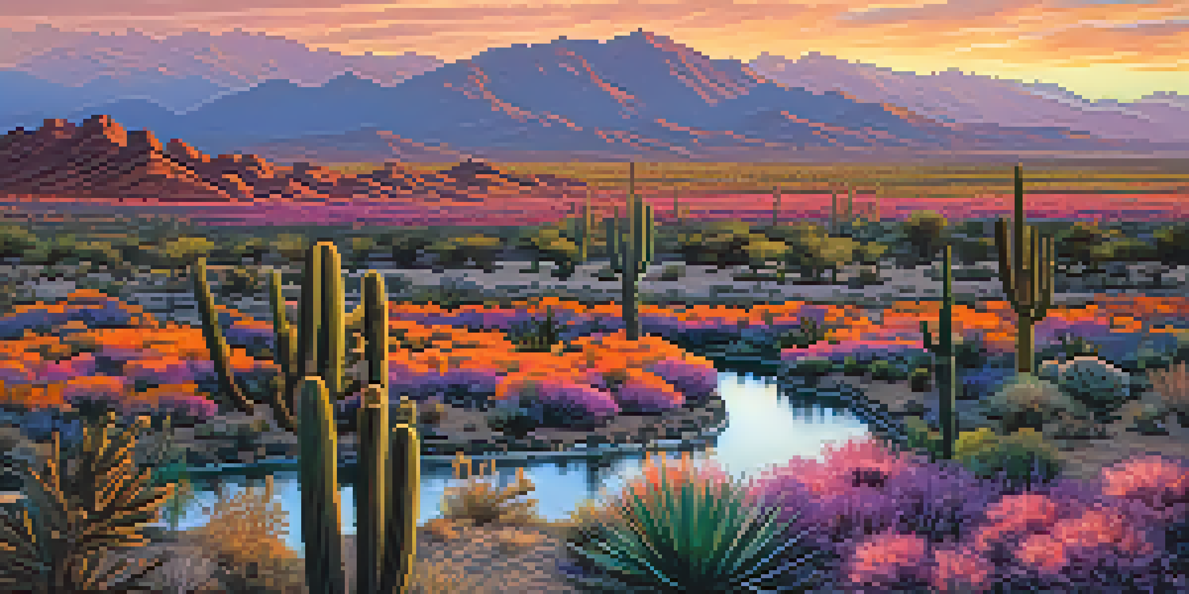 A picturesque view of the Phoenix Valley at sunset, featuring ancient irrigation canals and blooming desert plants against a colorful sky.