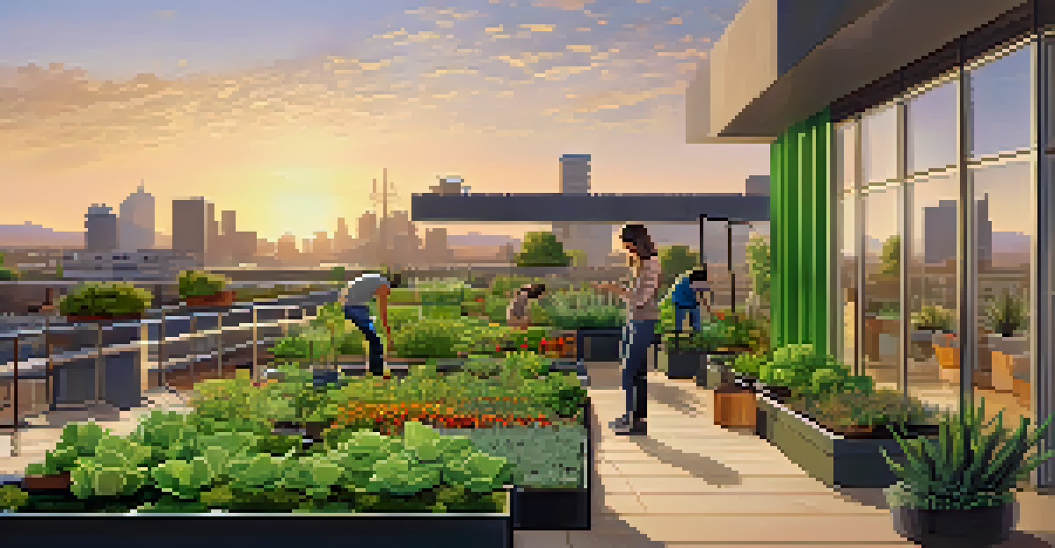 A rooftop garden on a commercial building in Phoenix during sunset, with green plants and people enjoying the space against a city skyline.