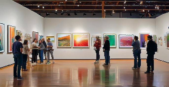 A colorful gallery in Phoenix with people admiring diverse photographs and engaging in discussions.