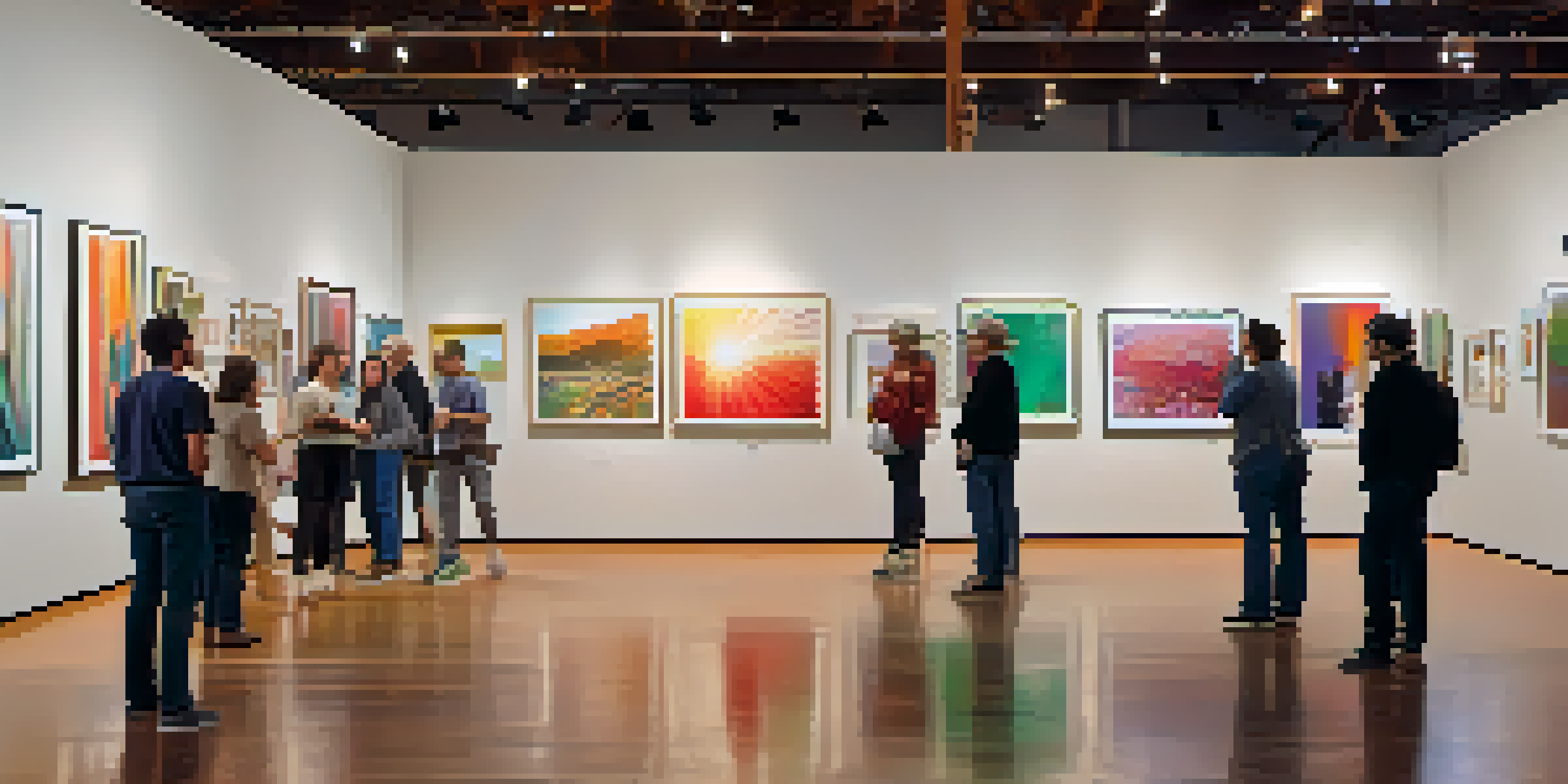 A colorful gallery in Phoenix with people admiring diverse photographs and engaging in discussions.