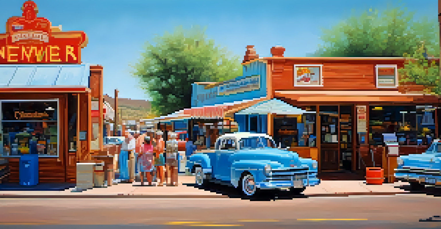 A street view of Seligman, Arizona, displaying colorful murals, retro shops, and classic cars under a bright blue sky, exuding a lively and nostalgic atmosphere.