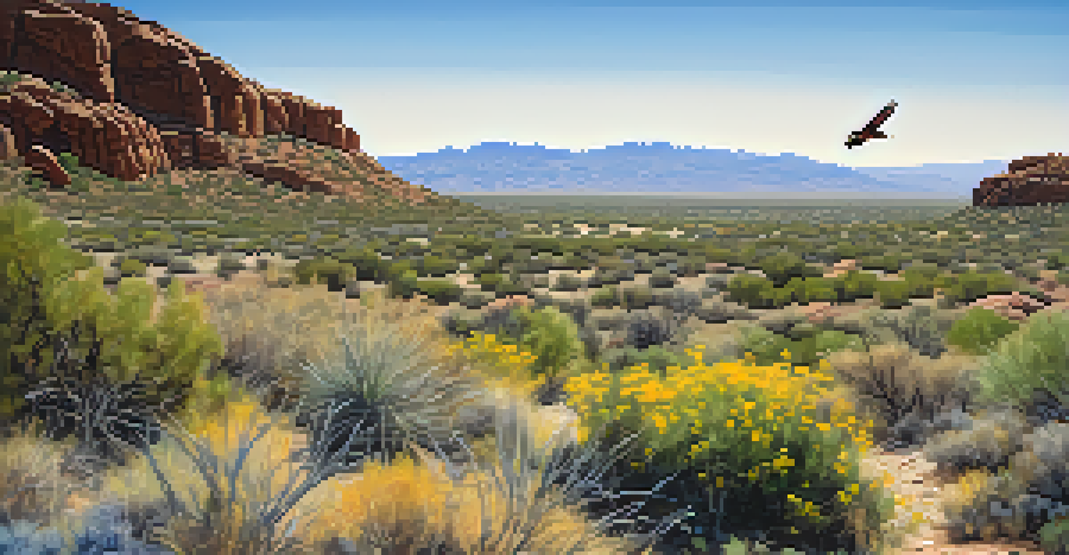 A hawk soaring in the blue sky above the diverse landscape of Agua Fria National Monument, with wildflowers and rocky outcrops in the foreground.