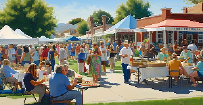 A vibrant community event at Heritage Square with artisans, food vendors, and families enjoying the outdoors.