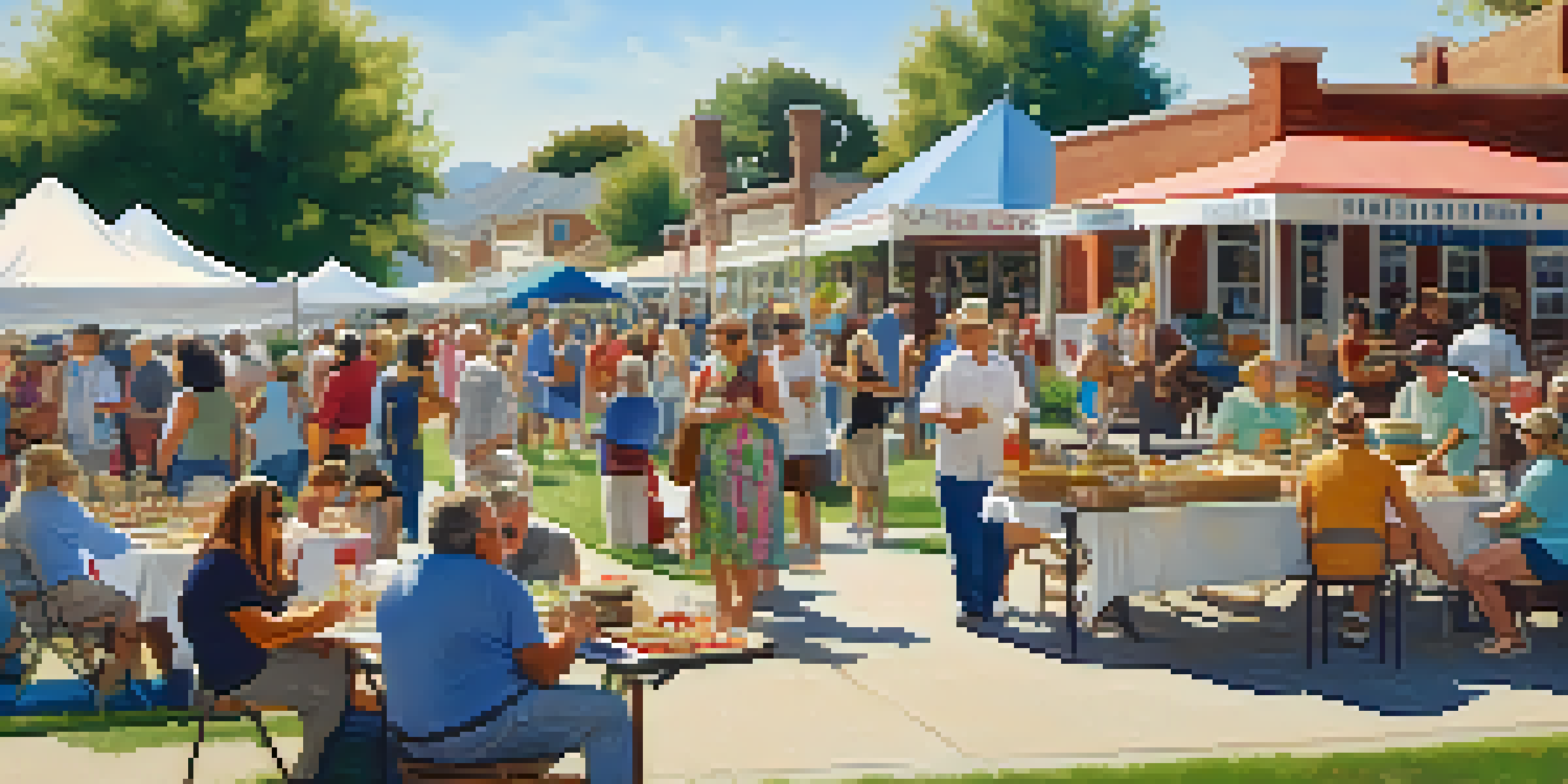 A vibrant community event at Heritage Square with artisans, food vendors, and families enjoying the outdoors.