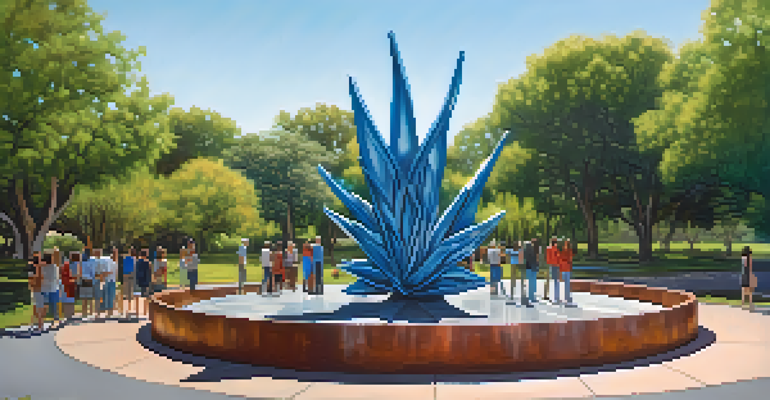 The 'Phoenix Rising' sculpture symbolizing resilience, surrounded by greenery and people interacting in a park setting.