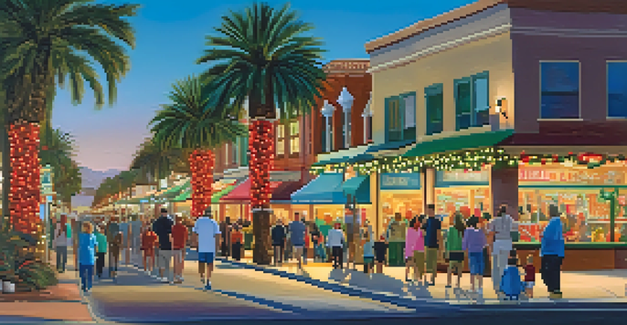 A lively street in Phoenix decorated with colorful holiday lights on palm trees, with families walking and enjoying the festive atmosphere.