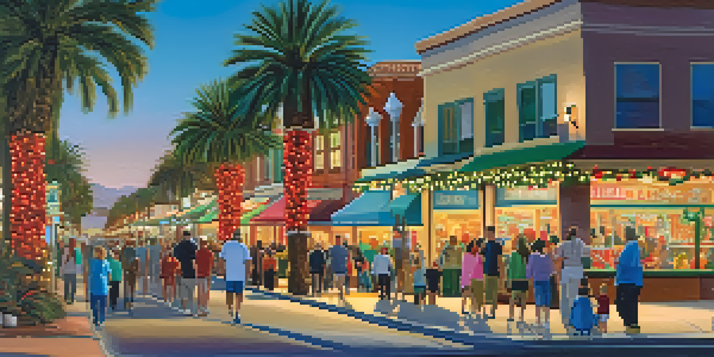 A lively street in Phoenix decorated with colorful holiday lights on palm trees, with families walking and enjoying the festive atmosphere.