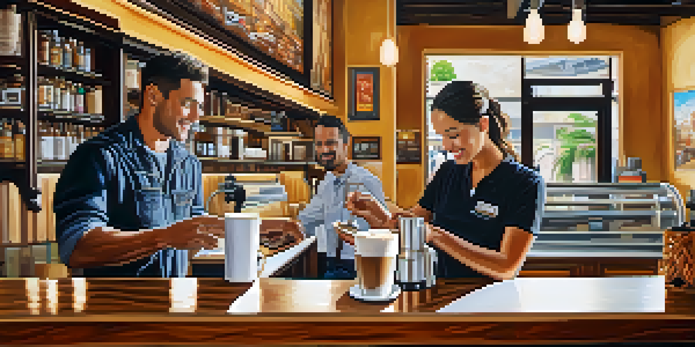 A barista pouring latte art in a bright café filled with people enjoying coffee and chatting.