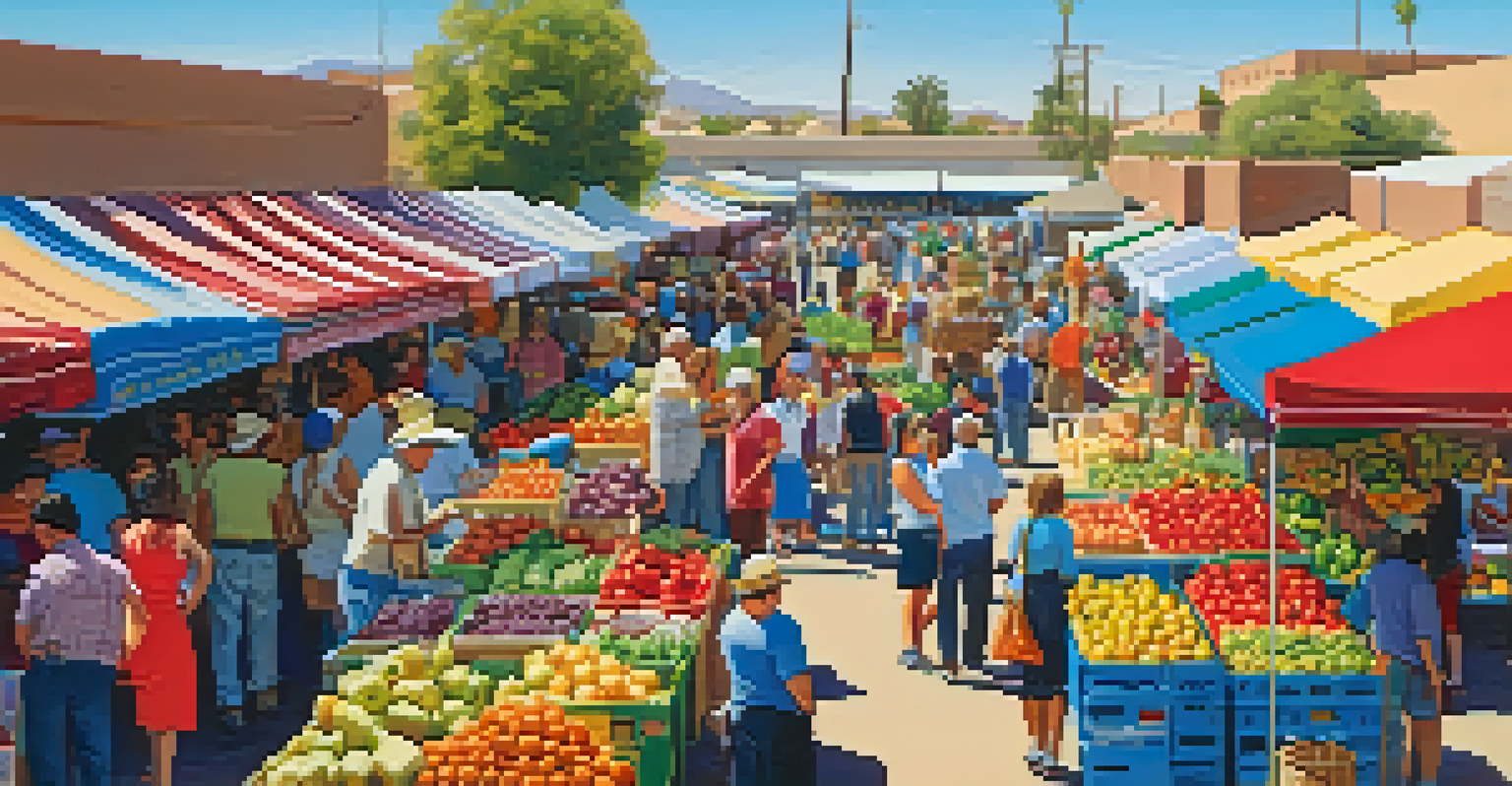 A vibrant farmers' market in Phoenix with colorful stalls and people shopping under a clear blue sky.
