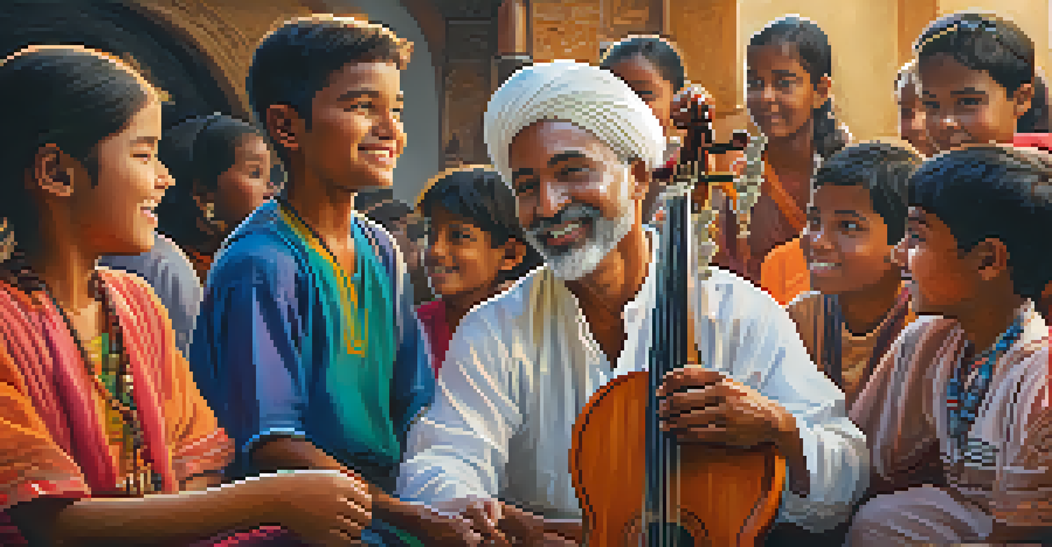 A local musician in vibrant attire plays a traditional instrument, surrounded by young listeners in a cozy workshop.