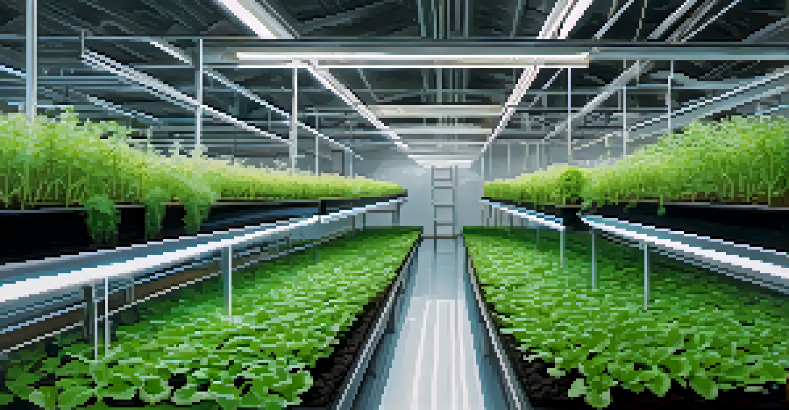 A close-up of hydroponic plants in a modern urban farm, showing roots in nutrient-rich water and illuminated by LED grow lights.