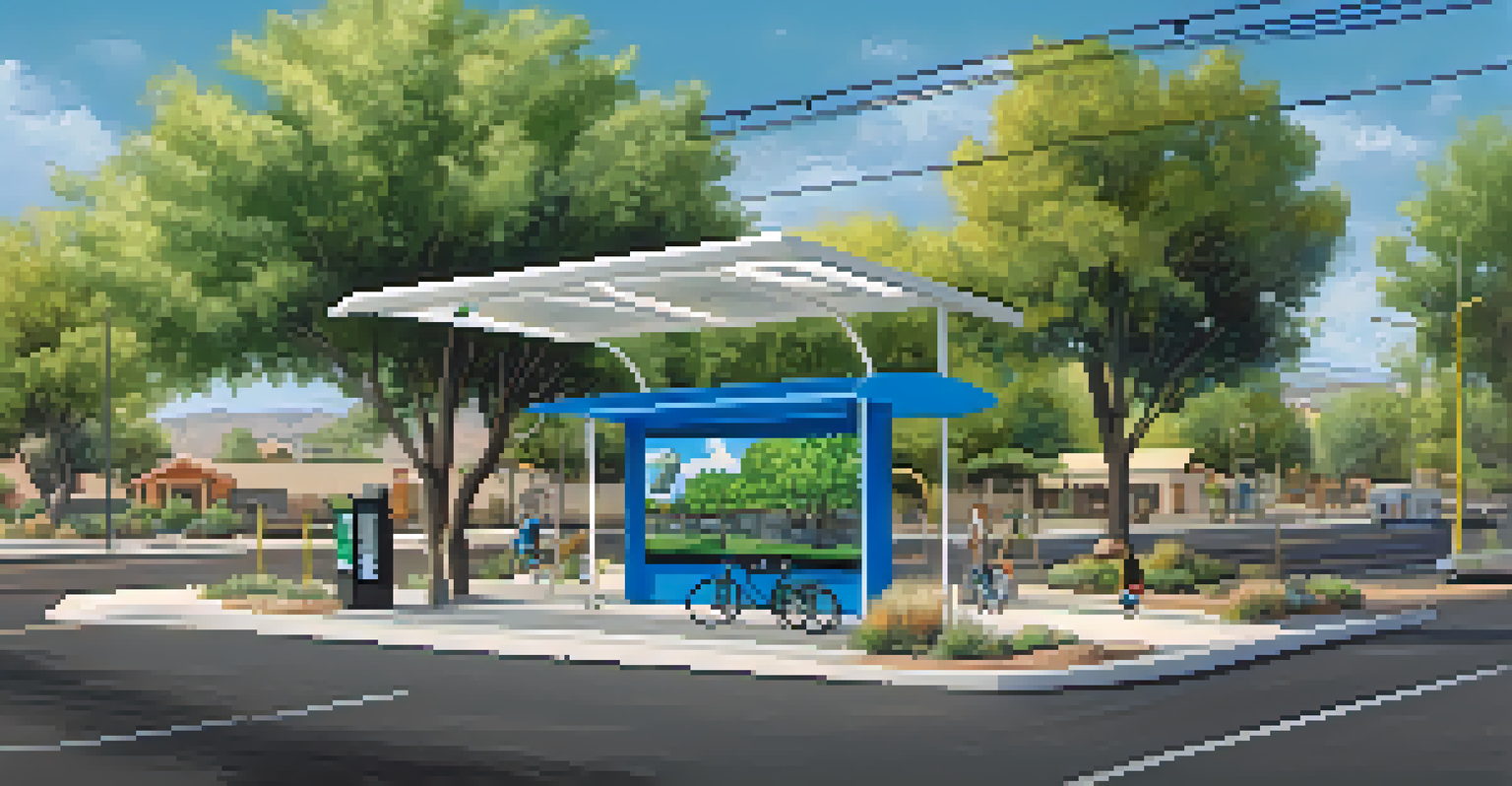 A sustainable bus stop in Phoenix with an electric bus and bike racks surrounded by greenery.