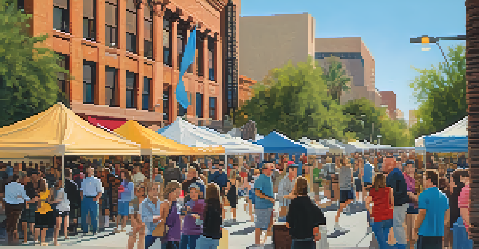 A lively First Friday art walk in downtown Phoenix with crowds, colorful banners, and artists showcasing their work.