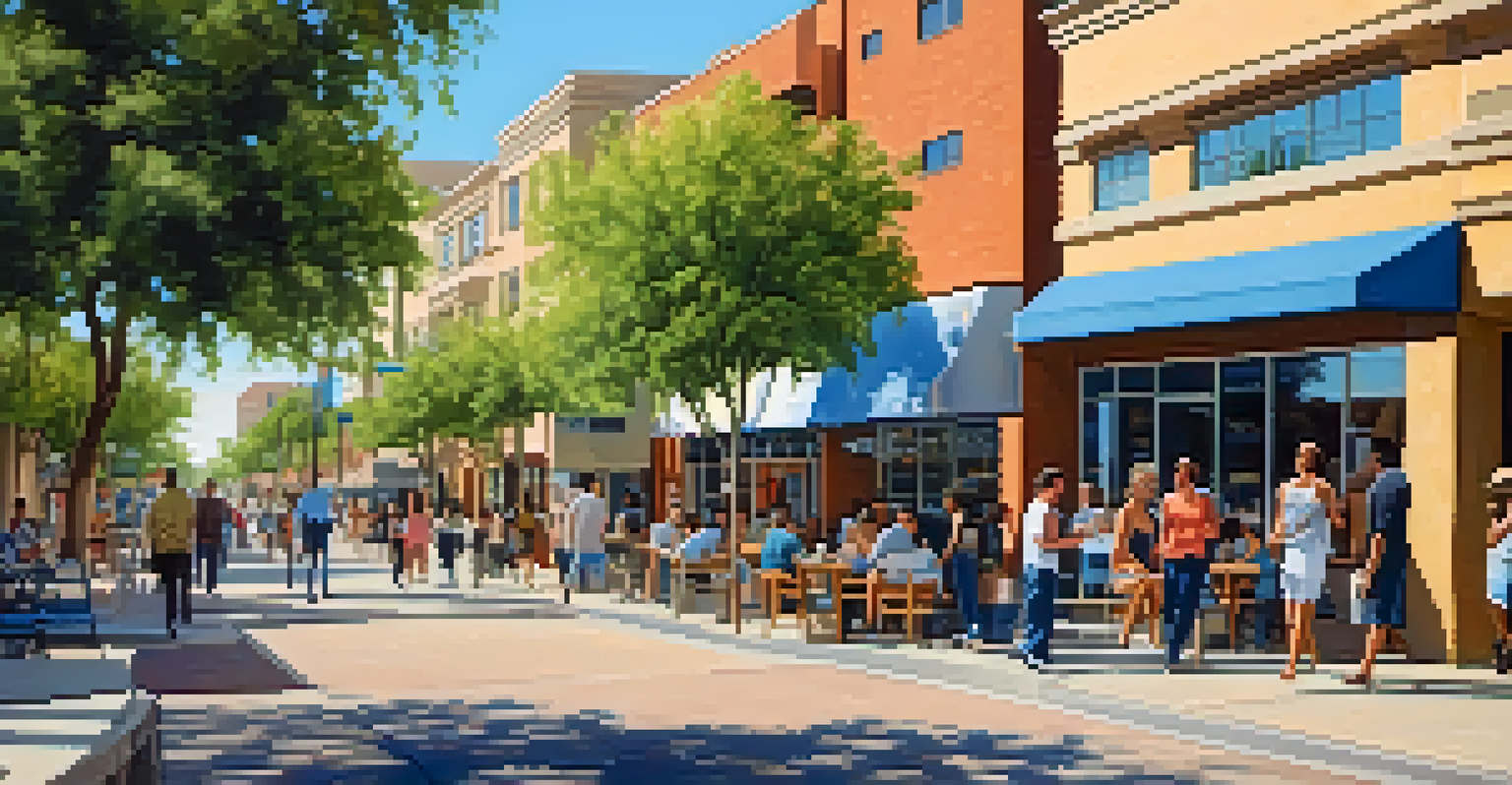A vibrant urban street in Phoenix showcasing mixed-use development with people, cafes, and green spaces.
