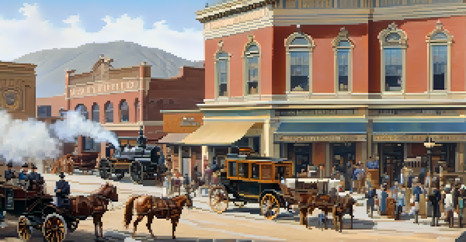 A lively street scene in 19th-century Phoenix with horse-drawn carriages, early cars, and a railroad station in the background.
