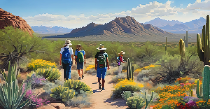 A diverse hiking group enjoying a sunny day on a trail in the Phoenix Mountain Preserve, surrounded by desert vegetation and mountains.