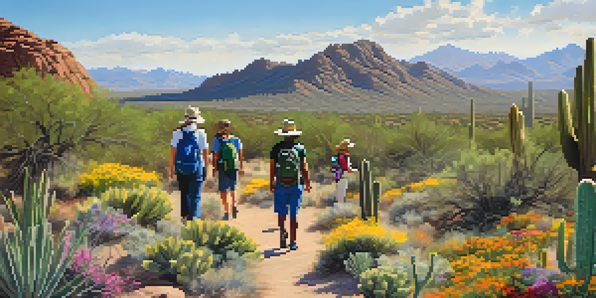 A diverse hiking group enjoying a sunny day on a trail in the Phoenix Mountain Preserve, surrounded by desert vegetation and mountains.