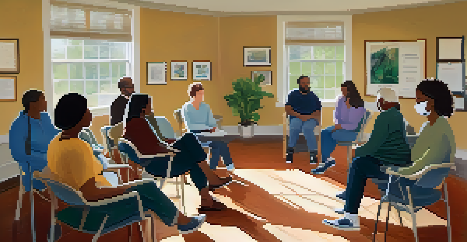 A community forum on mental health with participants sitting in a circle, sharing stories in a cozy room filled with natural light and resources.