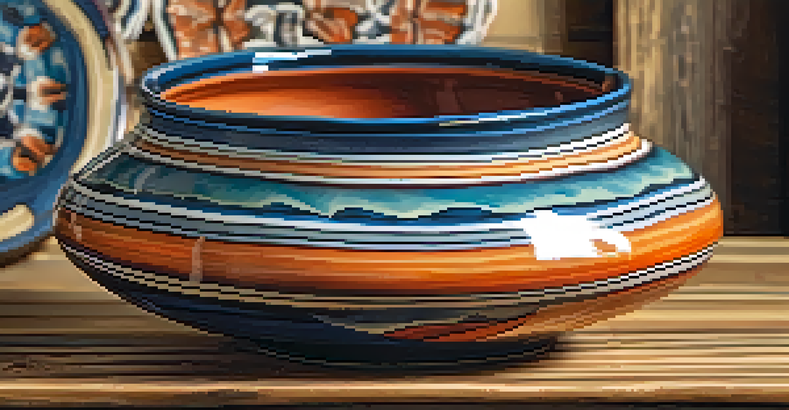 A close-up of a vibrant ceramic piece with intricate patterns, displayed on a rustic wooden surface.