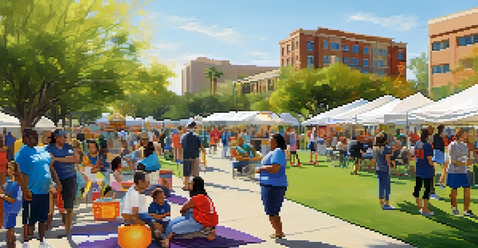A lively health fair in a sunny park with families participating in health activities and colorful booths showcasing services.