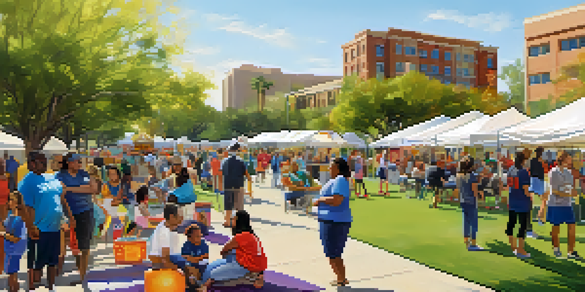 A lively health fair in a sunny park with families participating in health activities and colorful booths showcasing services.