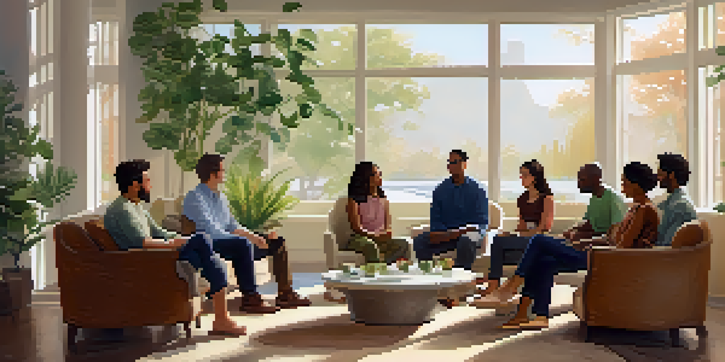 A diverse group of people sitting in a circle in a bright and welcoming room, participating in a support group discussion.