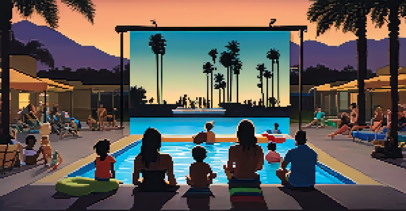 An evening family movie night at a public pool in Phoenix, with families sitting on blankets and kids playing in the water.