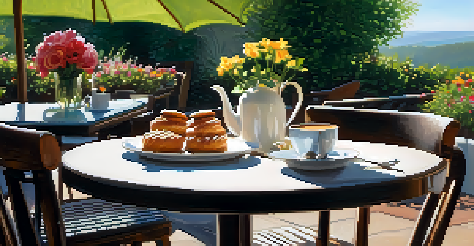 An outdoor coffee setup on a sunny patio with coffee and pastries on a table.