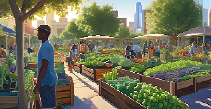 An urban farm in Phoenix with people gardening, surrounded by vegetables and flowers under warm sunlight.