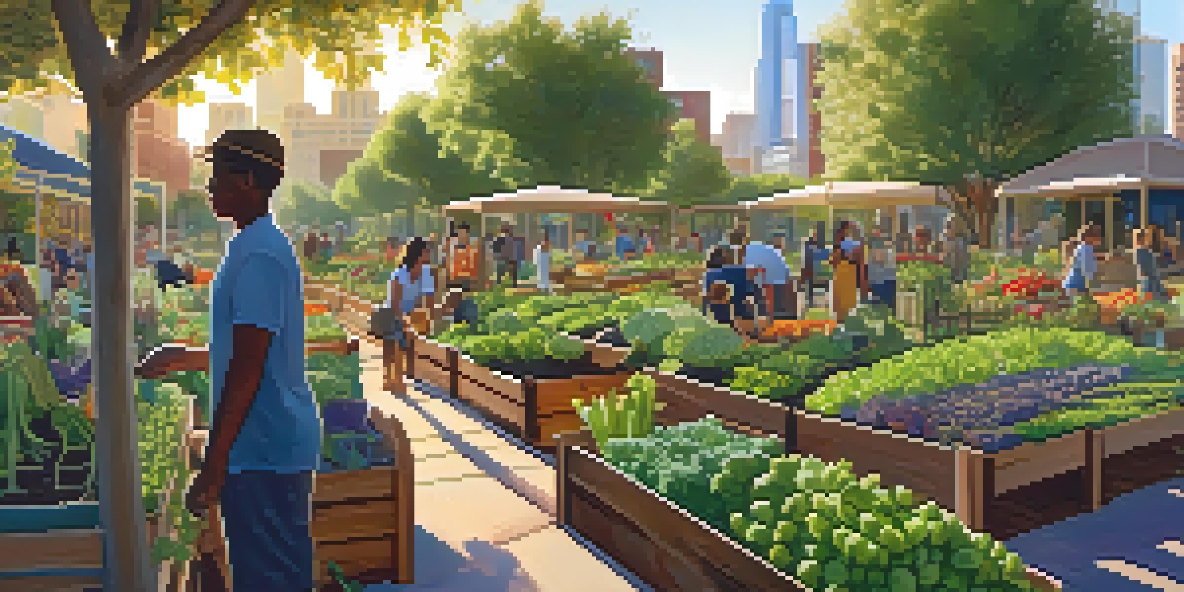 An urban farm in Phoenix with people gardening, surrounded by vegetables and flowers under warm sunlight.