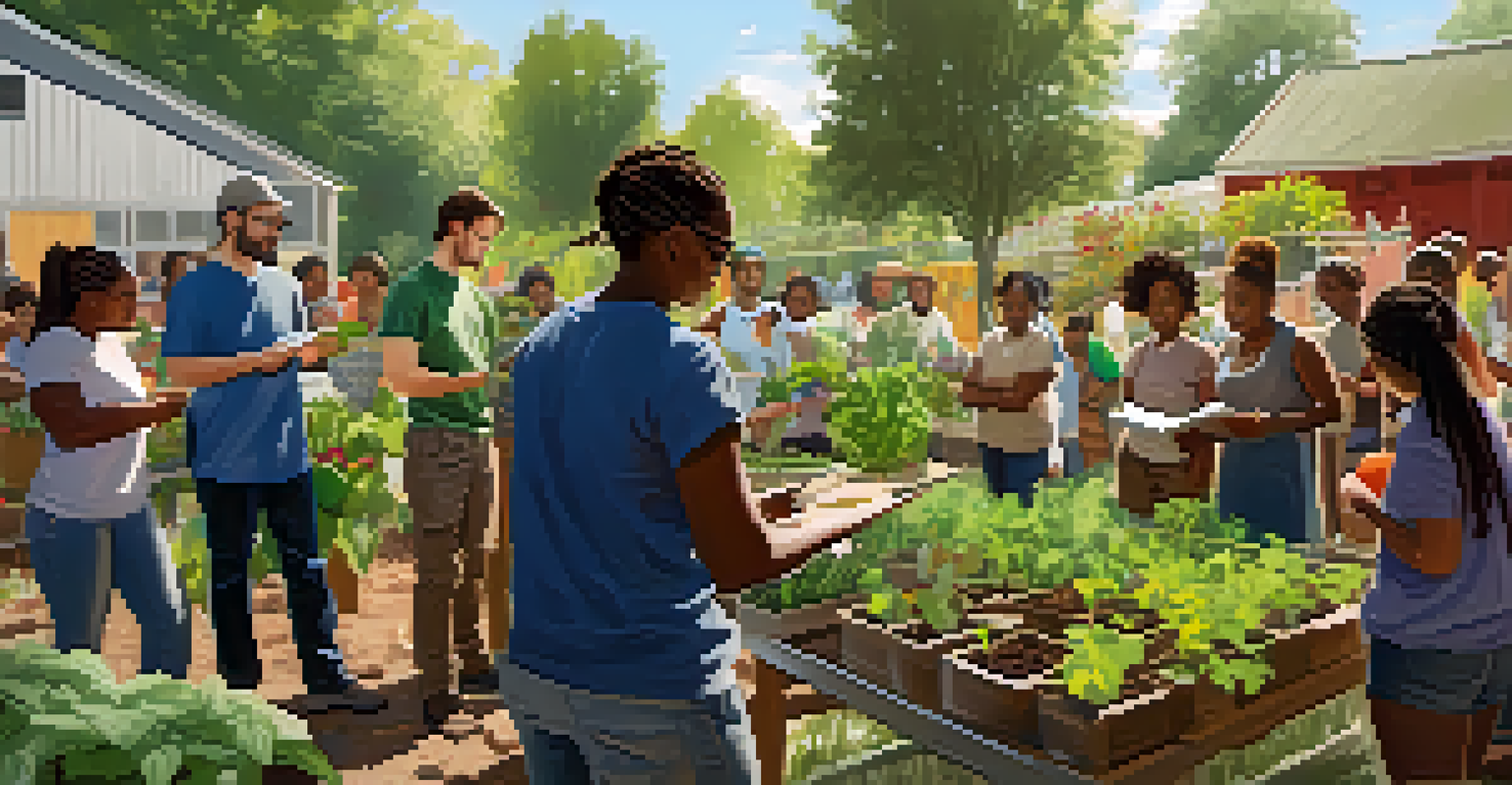 Community members attending a gardening workshop at an urban farm, learning about sustainable practices in a sunny environment.