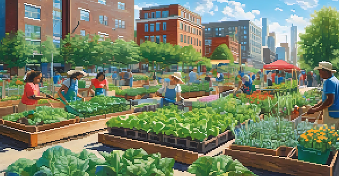 A lively community garden in an urban area with diverse people working together among vegetables and flowers, tall buildings in the background.