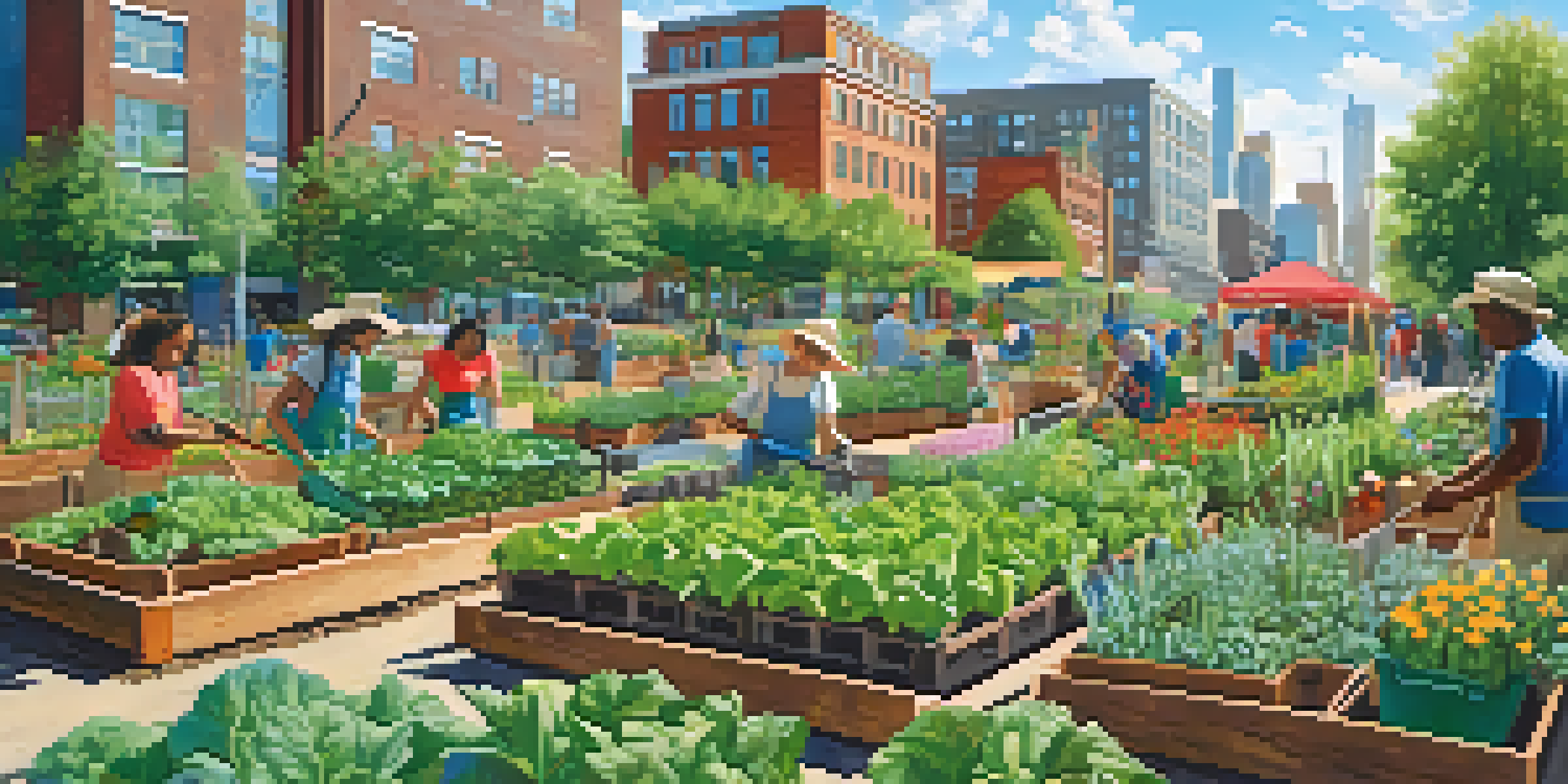 A lively community garden in an urban area with diverse people working together among vegetables and flowers, tall buildings in the background.