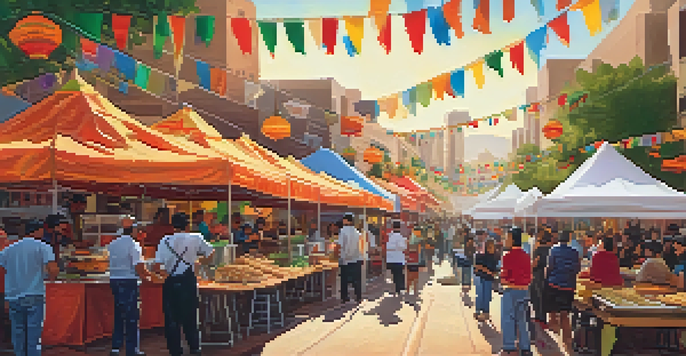 A lively food festival in Phoenix featuring diverse food stalls and people enjoying various cuisines under warm sunlight.