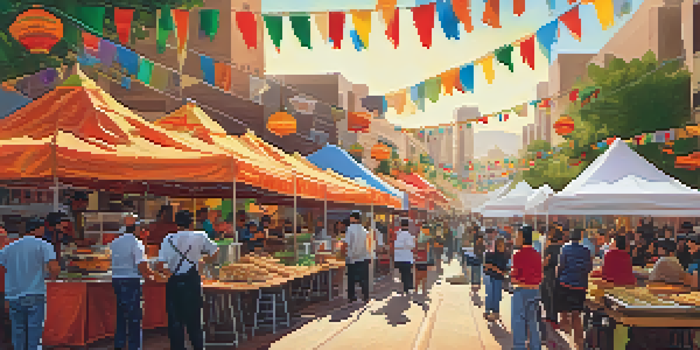 A lively food festival in Phoenix featuring diverse food stalls and people enjoying various cuisines under warm sunlight.