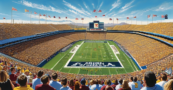 A lively college football game with enthusiastic fans and players in action on the field.