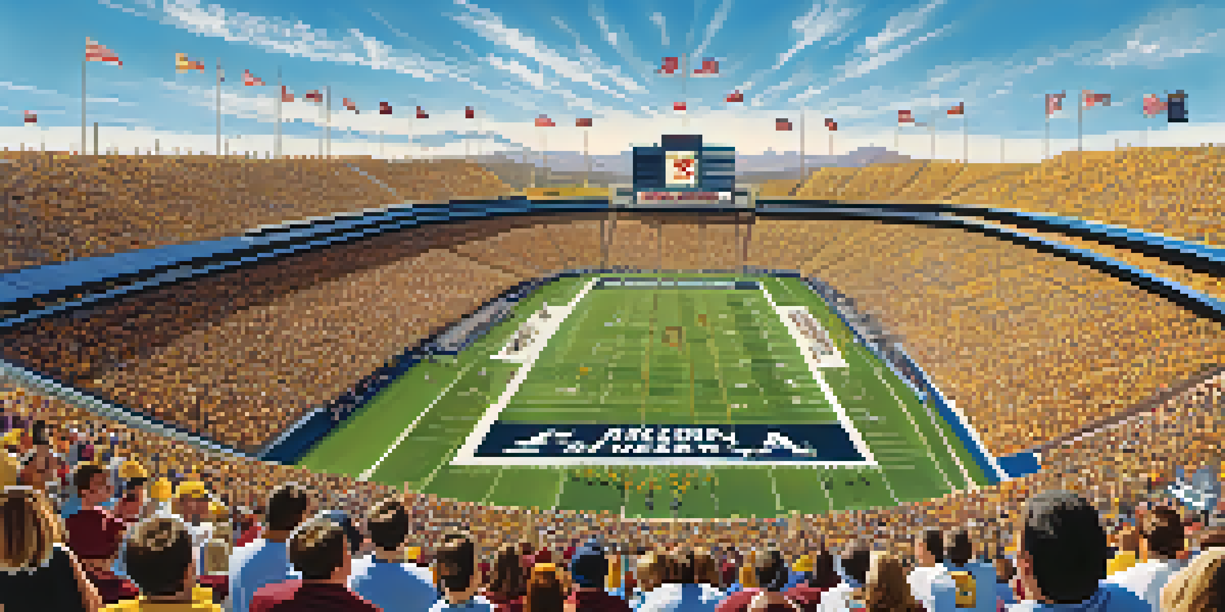 A lively college football game with enthusiastic fans and players in action on the field.