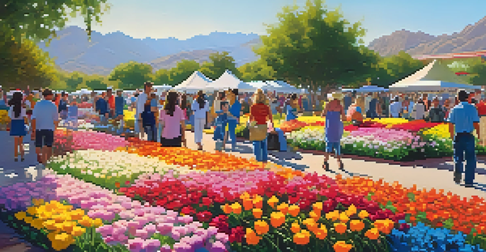 A lively flower festival with colorful blooms, people enjoying the day, and food stalls in the background under a clear sky.
