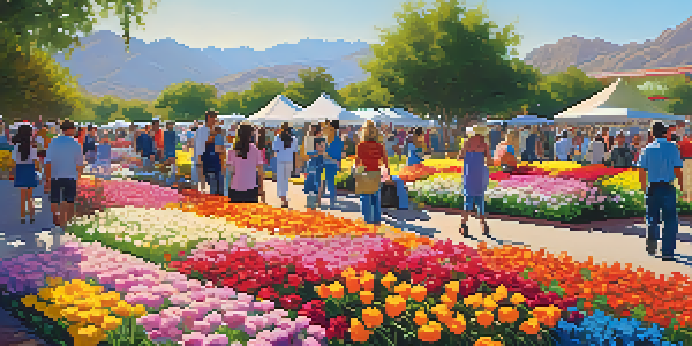 A lively flower festival with colorful blooms, people enjoying the day, and food stalls in the background under a clear sky.