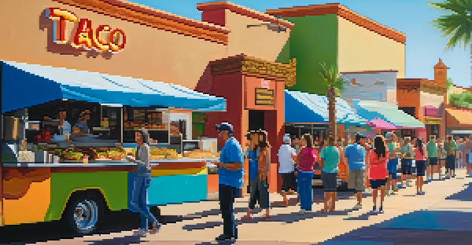 A lively street scene in Phoenix with colorful taco food trucks and happy customers enjoying tacos under bright sunlight.