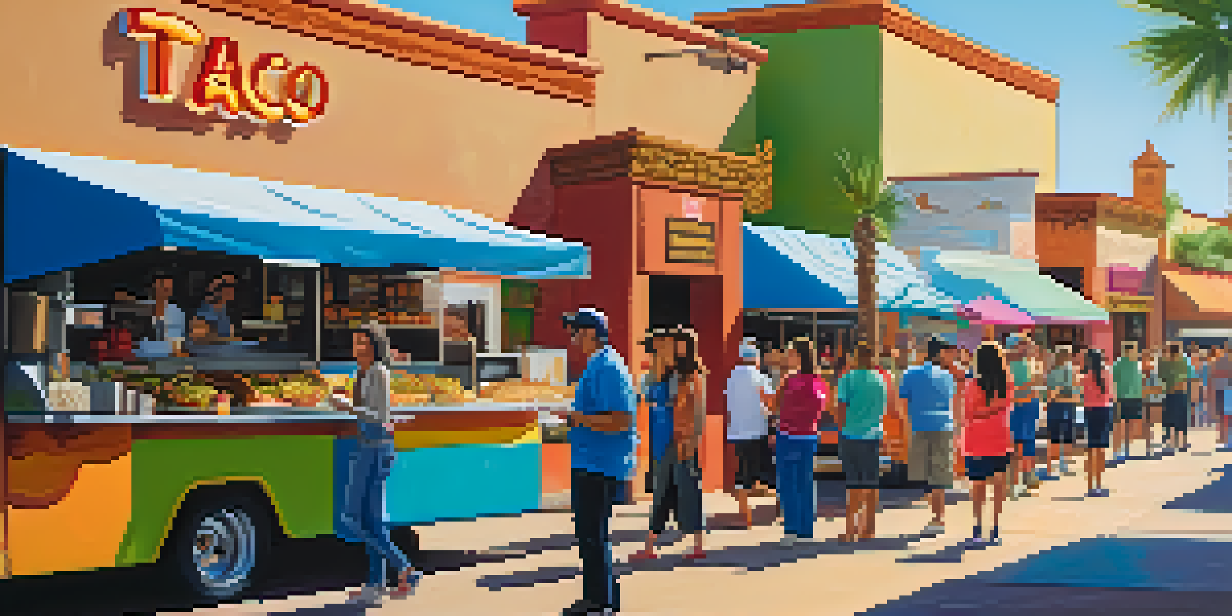 A lively street scene in Phoenix with colorful taco food trucks and happy customers enjoying tacos under bright sunlight.
