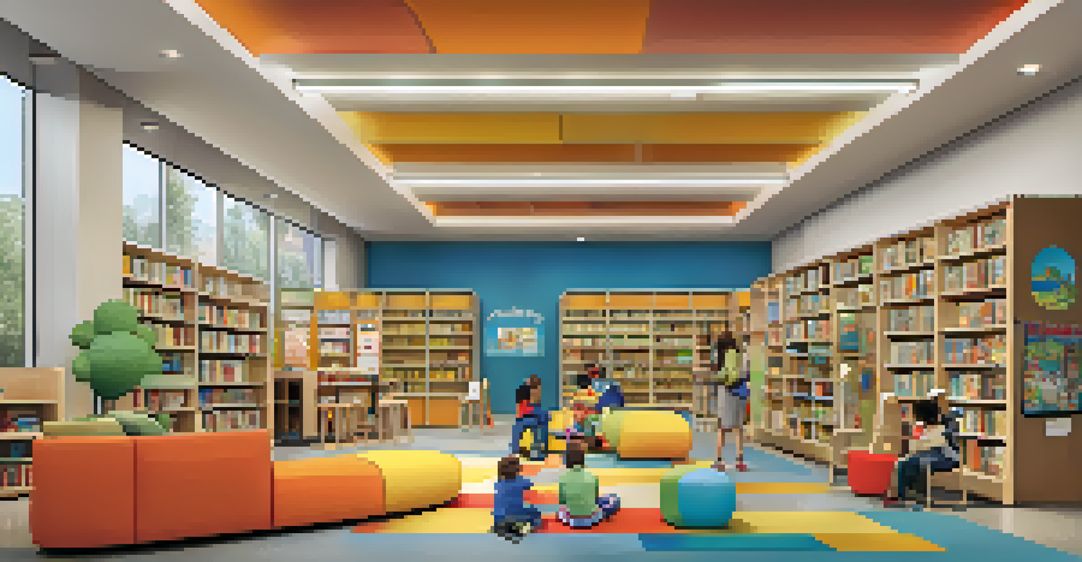 A colorful children's library area filled with books, cozy reading nooks, and children enjoying storytime.