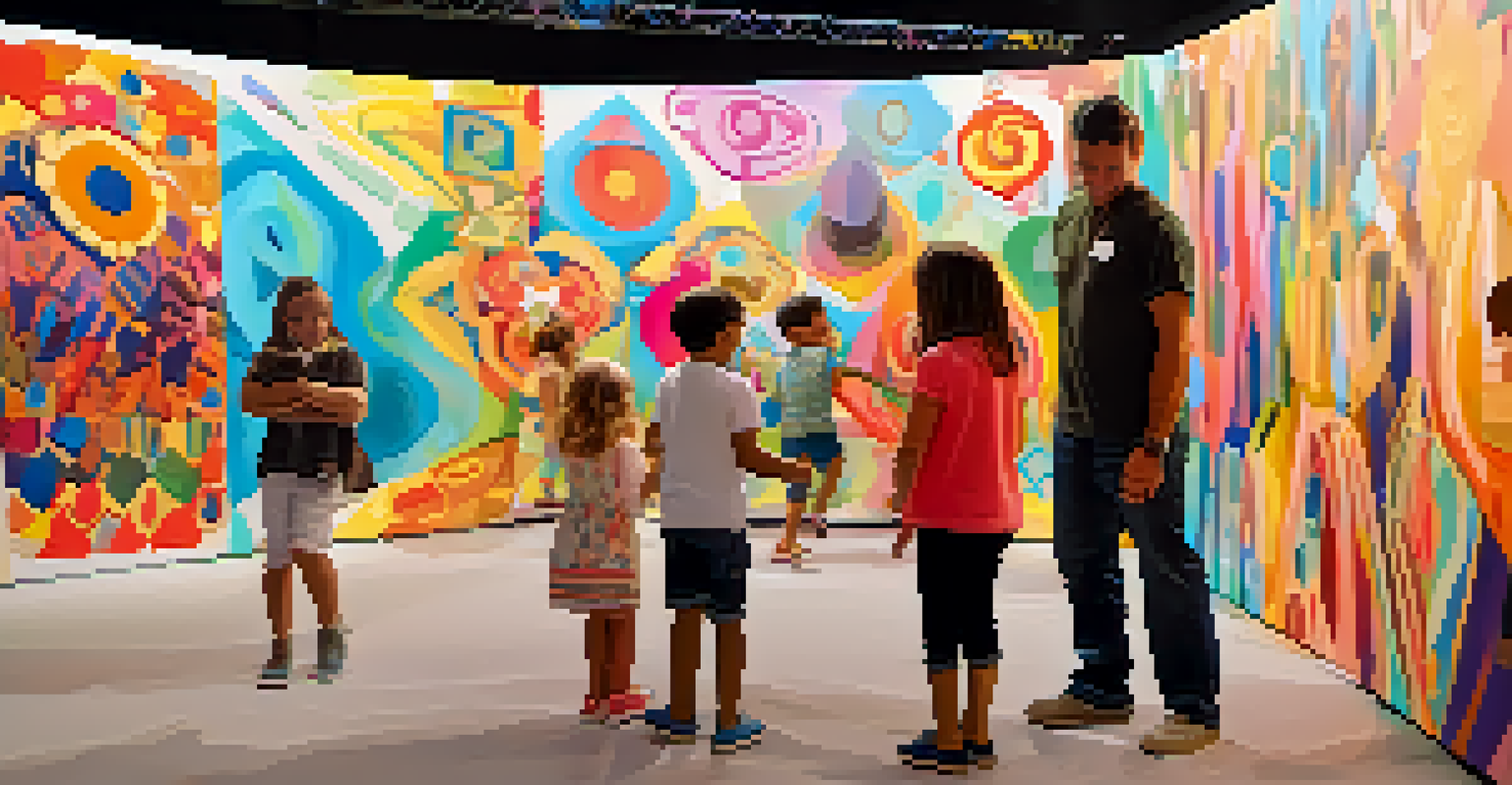 A family engaging with interactive art installations at a festival, with children exploring colorful artworks and smiling.