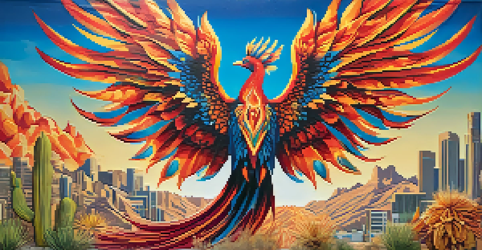 A colorful mural featuring a phoenix rising from flames, with desert plants around it and people looking at the artwork against a blue sky.