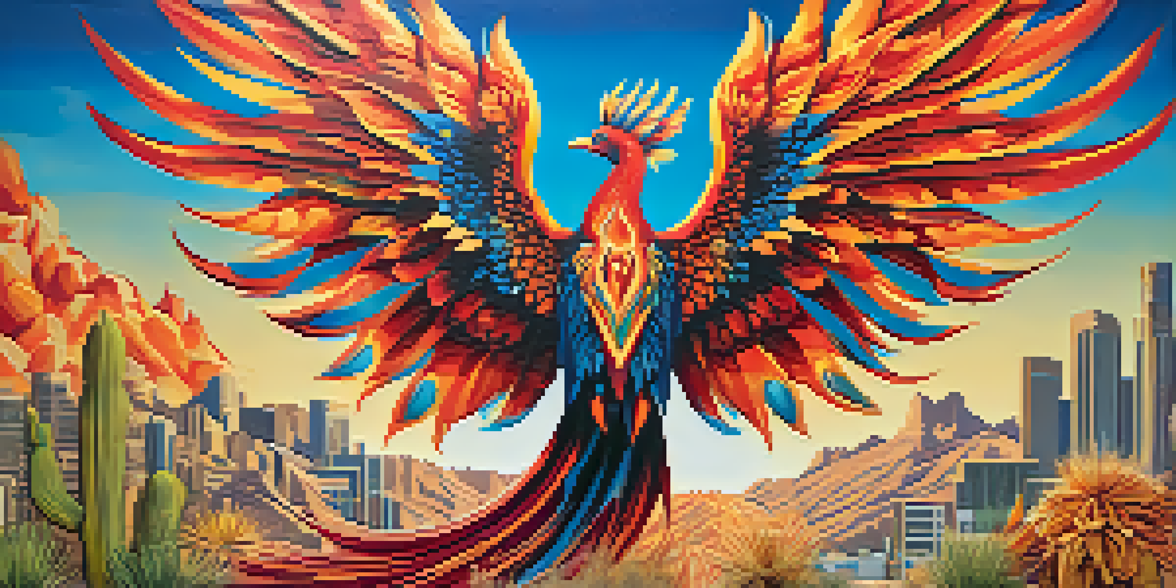 A colorful mural featuring a phoenix rising from flames, with desert plants around it and people looking at the artwork against a blue sky.