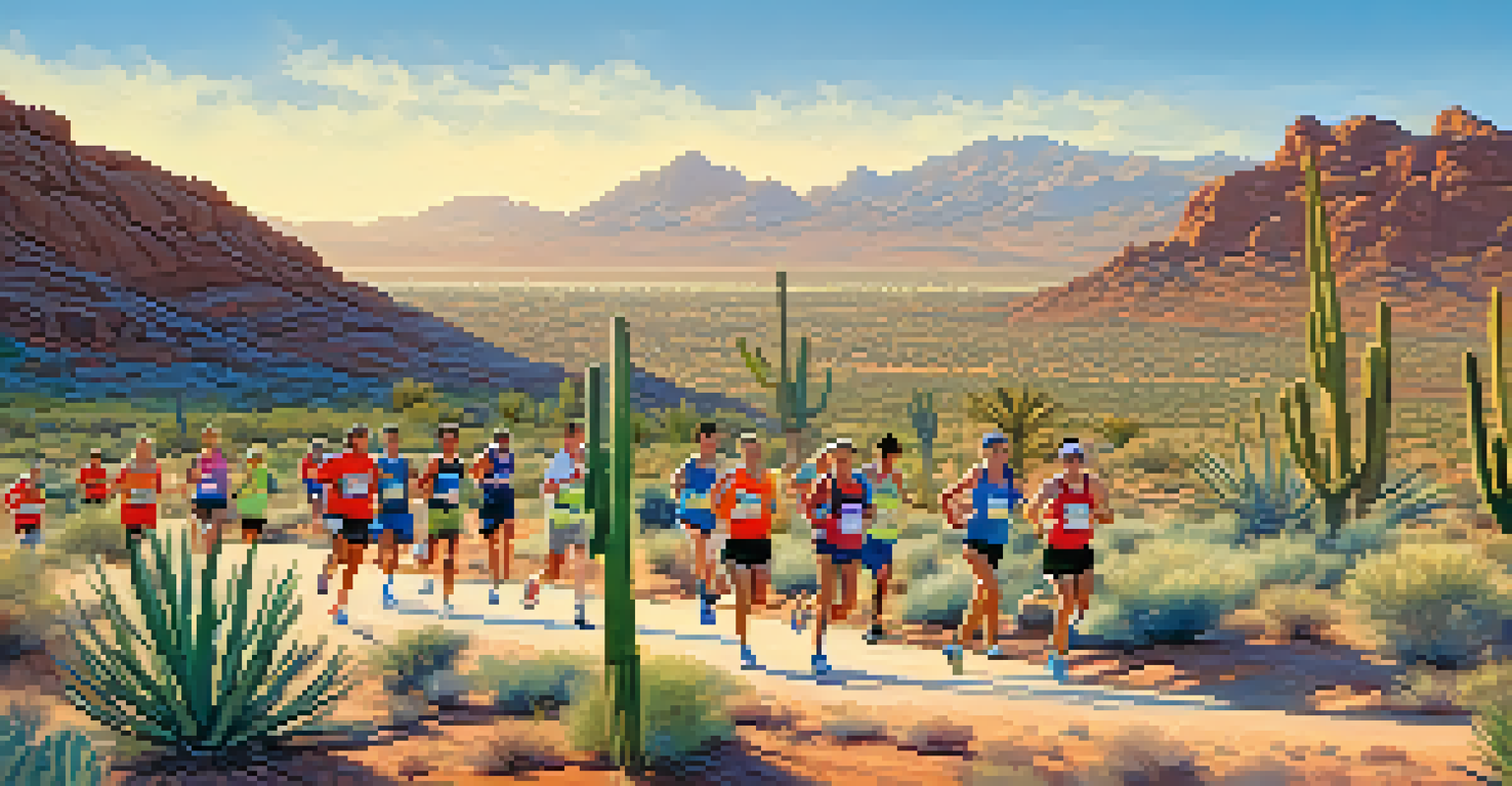 Runners in bright athletic gear participating in the Phoenix Marathon with a desert landscape in the background.