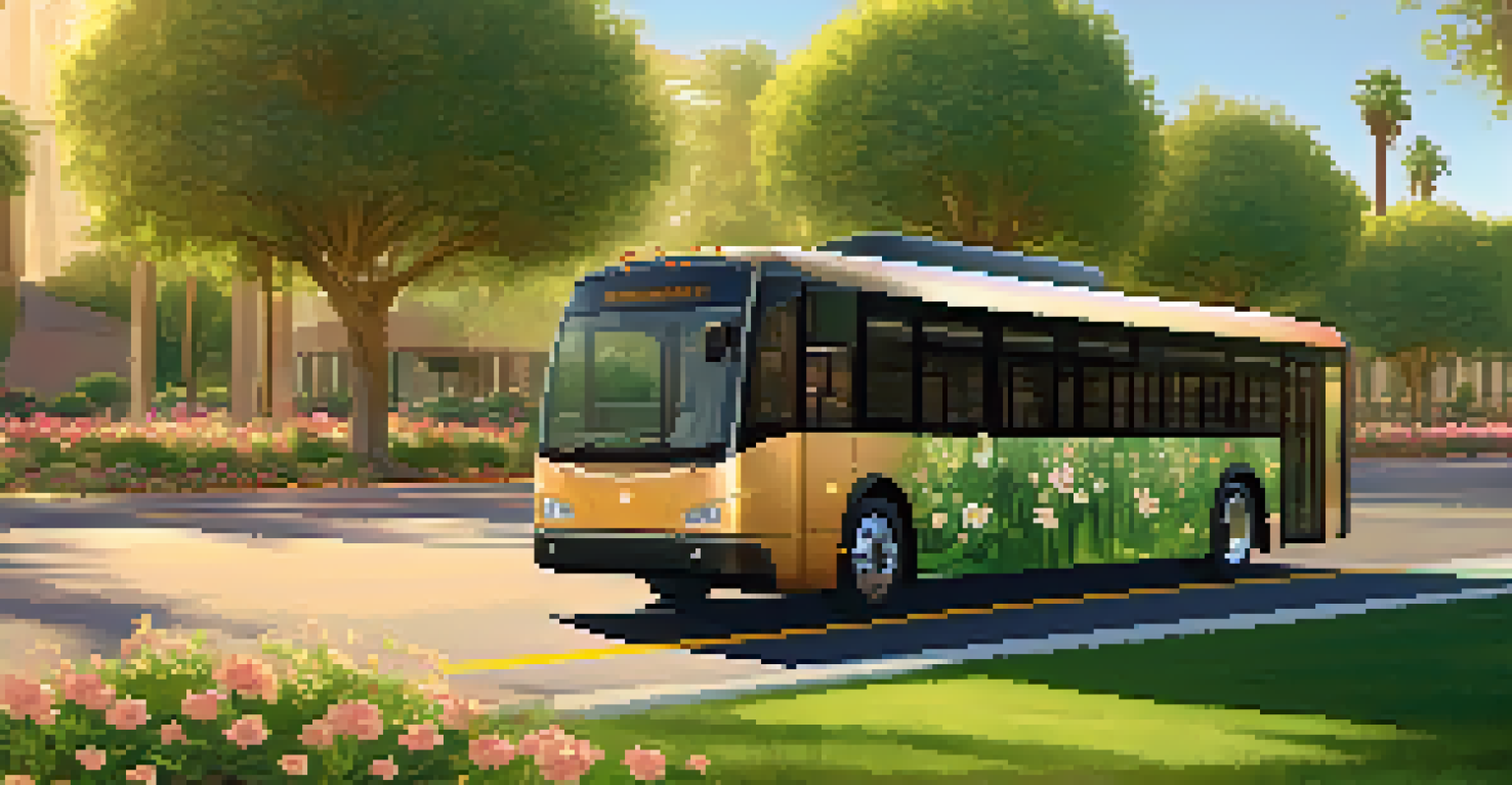 An electric bus in a green park area of Phoenix, surrounded by trees and flowers during sunset.